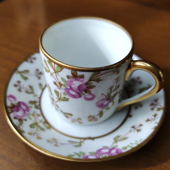 Vintage Limoges France Floral Print Demitasse Teacup and Saucer - Picture 2 of 10